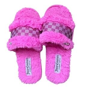 Juicy Couture Womens Pink Fuzzy Slip-On Checked Slippers Womens Size M
